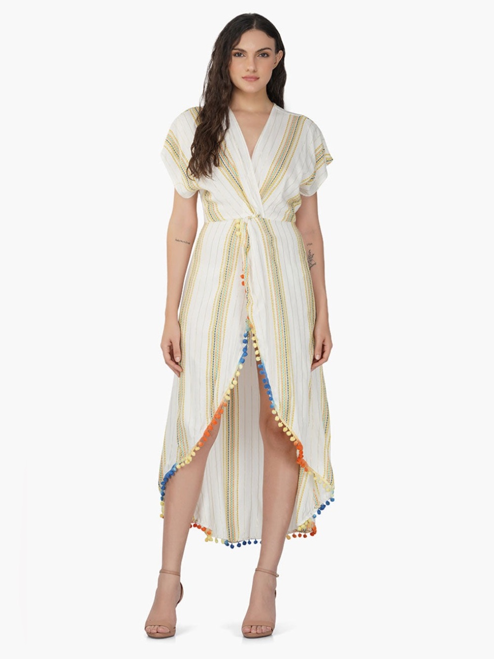 NWT America & Beyond Boho Multicolored Stripe Swim Coverup with Tassels Size Md